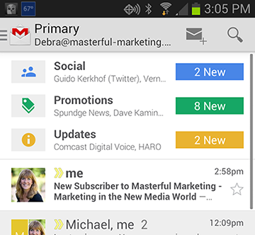 Gmail Tabs on the Android mobile device 